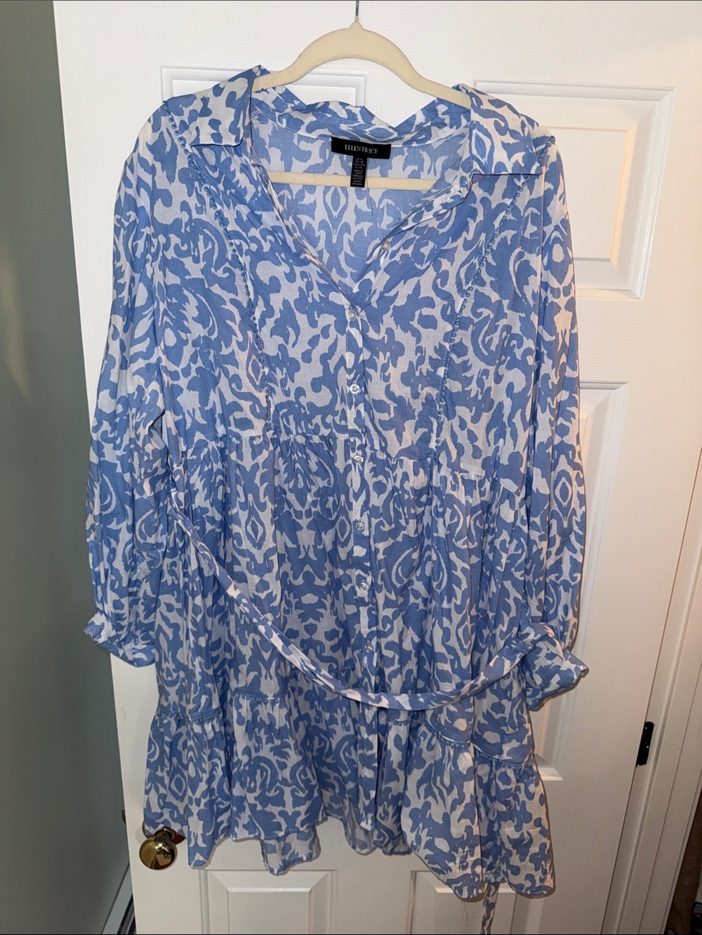 NWT Ellen Tracy 100% Cotton Blue & White Printed Button-Front Swing Dress
